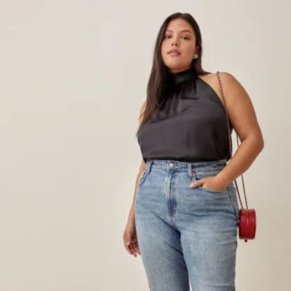 Reformation Black Satin Halter Neck Top